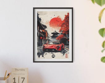Red sports car in front of traditional Japanese temple Stylish poster