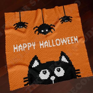 May include: A square orange crochet blanket featuring a pixelated black cat face at the bottom, three black spiders hanging from the top edge, and the white pixelated text "HAPPY HALLOWEEN" centered in the middle of the textured fabric surface.