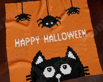 May include: A square orange crochet blanket featuring a pixelated black cat face at the bottom, three black spiders hanging from the top edge, and the white pixelated text "HAPPY HALLOWEEN" centred in the middle of the textured fabric surface.