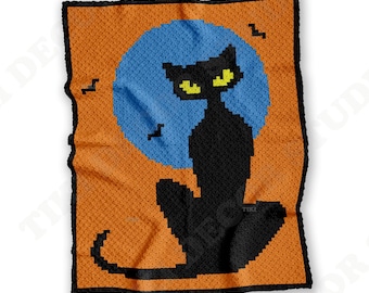 Svart katt Halloweenfilt C2C VIRKMÖNSTER | Spöklik pläd | Hörn-till-hörn intarsia | PDF | Direktnedladdning