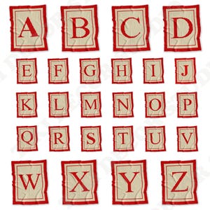 May include: A collection of twenty-six rectangular fabric patches, each featuring a single red letter from A to Z centered on a cream-colored background. Each patch is bordered by a thin red frame, displaying a textured, woven appearance.