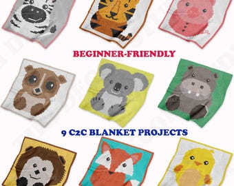 Manta de 9 animales para principiantes / PATRÓN DE GANCHILLO C2C / Paquete de bloques de 60 x 60 / De esquina a esquina / PDF / Descarga instantánea