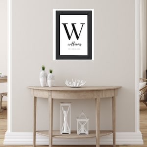 Puede incluir: Una impresión enmarcada en blanco y negro con una gran letra "W" y el texto "Williams Est. June 10, 1993" colgada en una pared blanca sobre una mesa consola de madera.