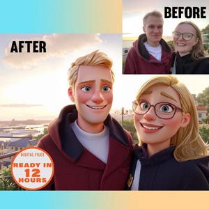 Photos de couple style dessin animé, animation Pixar personnalisée, portrait de famille personnalisé, portrait dessin animé à partir d'une photo, portrait numérique