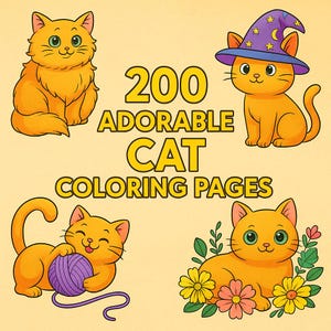 200 Cute Cat Coloring Pages | Printable PDF for Kids & Adults | Stress Relief Art | Instant Download Digital Book