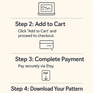 May include: A graphic with instructions for purchasing a knitting pattern. Steps include choosing a pattern, adding to cart, completing payment, and downloading the PDF. The text includes "PixoLabUa".