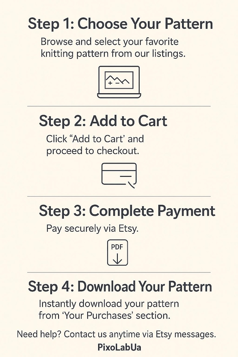 May include: A graphic with instructions for purchasing a knitting pattern. Steps include choosing a pattern, adding to cart, completing payment, and downloading the PDF. The text includes "PixoLabUa".