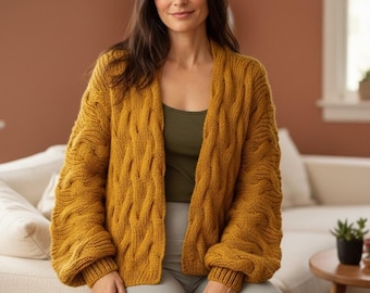 Patrón de punto para cárdigan extragrande en PDF, suéter de punto trenzado para mujer, chaqueta de lana gruesa, descarga digital, abrigo de invierno moderno y holgado para hacer tú mismo, estilo bohemio.
