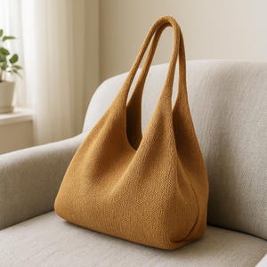 May include: Mustard-colored knitted tote bag with long handles. The bag is made of a textured knit fabric and has a large, open interior. The bag is sitting on a light gray sofa.