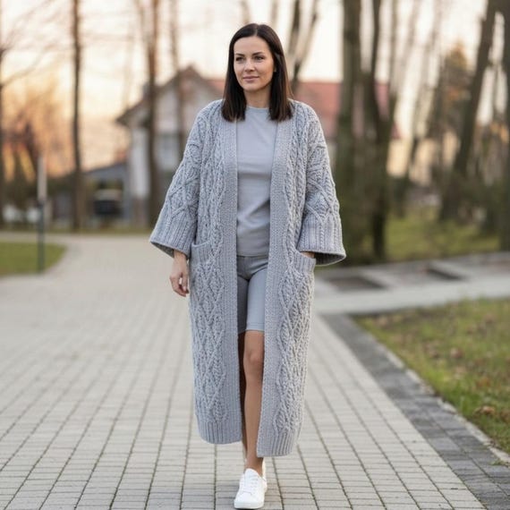 Oversized Cardigan Knitting Pattern Chunky Knit Sweater Coat PDF Women  Cable Knit Long Coatigan Diamond Texture Tutorial Intermediate Level