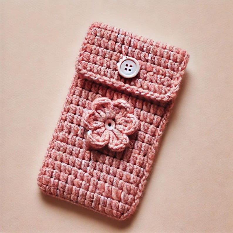 Pink Flower Phone Sleeve crochet pattern listing photo by Sewkinty