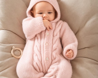 Knitting baby romper pattern PDF hooded jumpsuit with cables seamless one piece newborn to 12 months digital tutorial knitting instructions