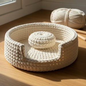May include: A cream-colored, round crochet pet bed with a matching cushion. The bed has a low entry point and a thick, textured border. A ball of yarn and wooden knitting needles are in the background. The bed is designed for small pets.