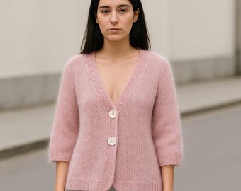 Women Cardigan Knitting Pattern PDF Download Alpaca Mohair Sweater Long Sleeve Button Front Seamless Beginner Friendly Tutorial Downloadable