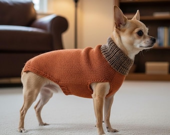 May include: A small dog wearing an orange knitted sweater with a brown and tan striped collar. The dog is standing on a light-colored carpet in a well-lit room. The sweater covers the dog's body, providing warmth.
