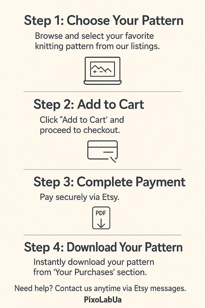 Puede incluir: Gr&aacute;fico con instrucciones para comprar un patr&oacute;n de tejido en Etsy. Los pasos incluyen elegir un patr&oacute;n, agregarlo al carrito, completar el pago y descargar el patr&oacute;n. El texto incluye "PixoLabUa".