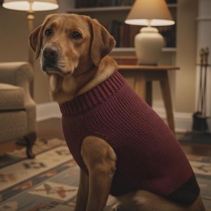 Puede incluir: Un Labrador Retriever dorado con un suéter de punto burdeos con ribete gris oscuro. El perro está sentado sobre una alfombra estampada en una habitación acogedora y bien iluminada. El suéter tiene una textura acanalada y un cuello alto.