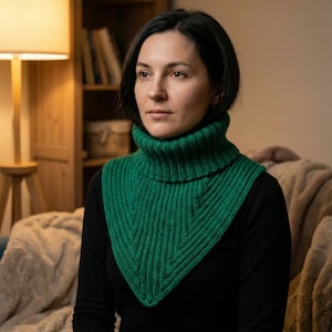 Könnte beinhalten: Ein grüner Strickkragen mit Rippenstruktur und Rollkragen-Design. Der Kragen hat einen leuchtenden Grünton und wird über einem schwarzen Oberteil getragen. Der Strickkragen ist ein gemütliches Accessoire.