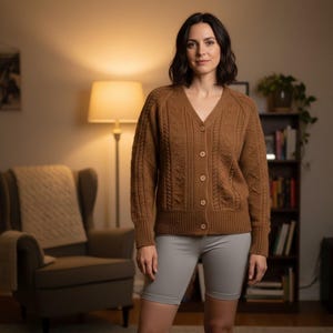 May include: A woman wearing a brown cable-knit cardigan with wooden buttons. The cardigan has a V-neck and is paired with gray shorts. The background includes a lamp, armchair, and bookshelf.
