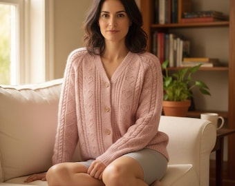 Heart Cable Cardigan Knitting Pattern PDF V Neck Oversized Sweater Womens DIY Textured Wool Jacket Instant Download Trendy Cute Knitwear