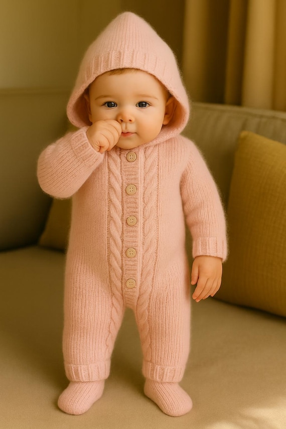Knitting Baby Romper Pattern PDF Hooded Jumpsuit With Cables