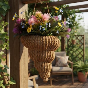 May include: A hanging, brown, knitted planter shaped like a seashell, filled with colorful flowers. The flowers include pink, yellow, purple, and blue blooms. The planter is suspended by a rope from a wooden beam.