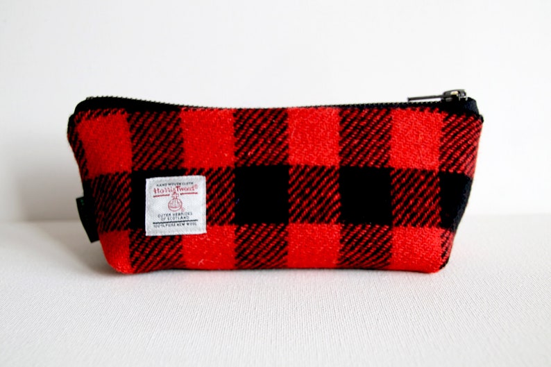 Harris Tweed make-up bag in red and black check with water resistant lining image 2