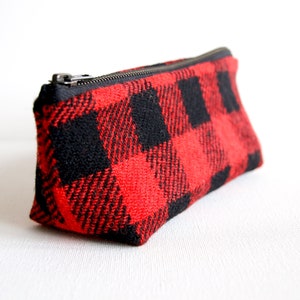 Harris Tweed make-up bag in red and black check with water resistant lining image 3