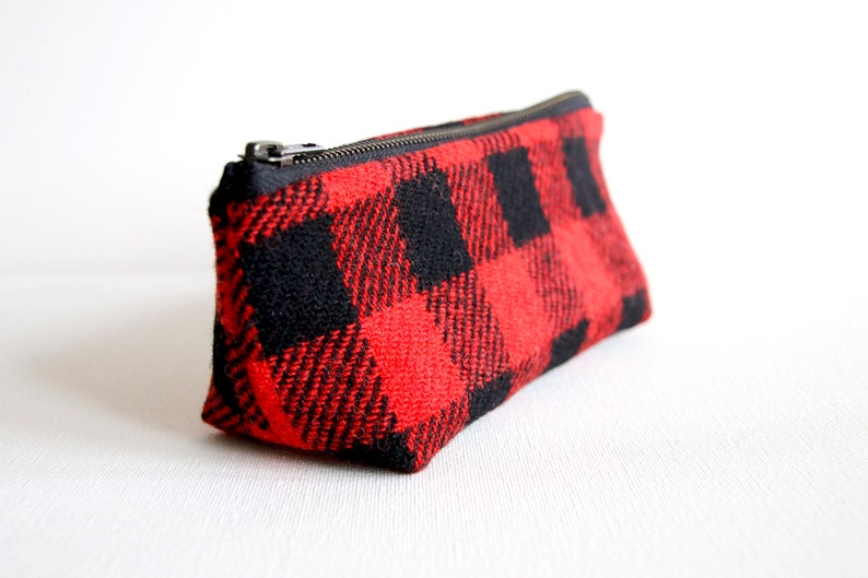 Harris Tweed make-up bag in red and black check with water resistant lining image 3