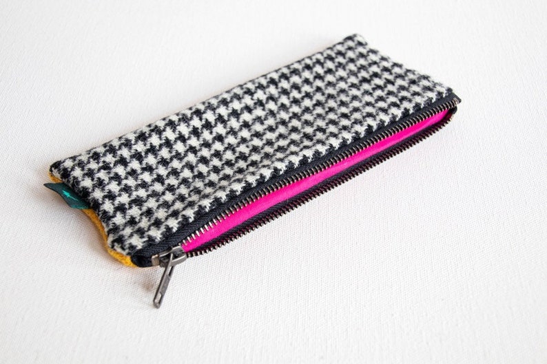 Harris Tweed pencil case in black /& white houndstooth and yellow
