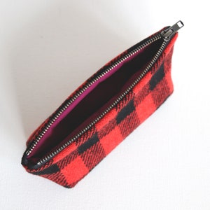 Harris Tweed make-up bag in red and black check with water resistant lining image 4