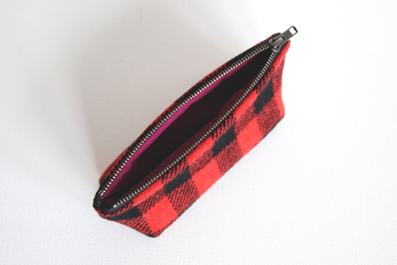 Harris Tweed make-up bag in red and black check with water resistant lining image 4