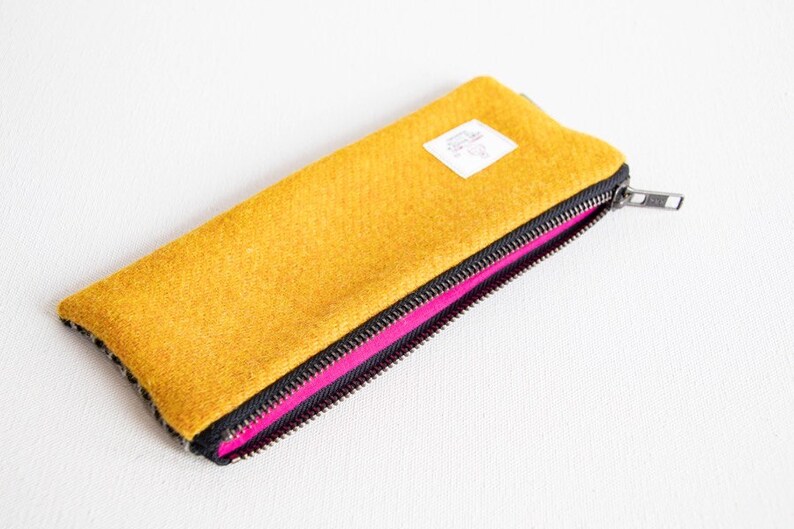 Harris Tweed pencil case in black /& white houndstooth and yellow