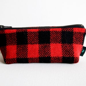 Harris Tweed make-up bag in red and black check with water resistant lining image 1