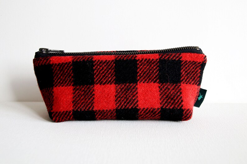 Harris Tweed make-up bag in red and black check with water resistant lining image 1