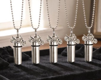ENGRAVING INCLUDED!  Set of FIVE Silver Motorcycle Cremation Urn Necklaces with Velvet Pouches - Memorial Jewelry, Ashes Keepsakes