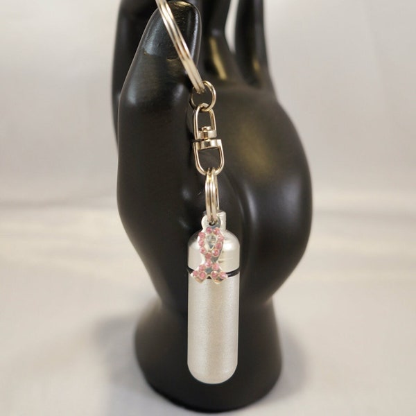 Brushed Silver Cremation Urn with BREAST CANCER Pendant on Stainless Steel Swivel Keyring with Velvet Pouch. Urn Keepsake, Ashes Jewelry