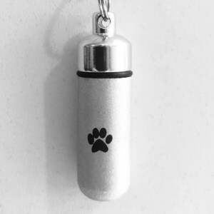 Laser Engraved Simple PAW Brushed Silver CREMATION URN Necklace - with Velvet Pouch, Ball-Chain and Fill Kit