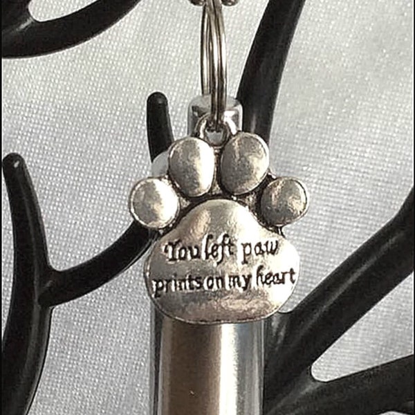 Personal Pet CREMATION URN Necklace "You left paw prints on my heart" with Velvet Pouch, 24" Steel Ball Chain & Fill Kit - Pet Urn, Dog Urn