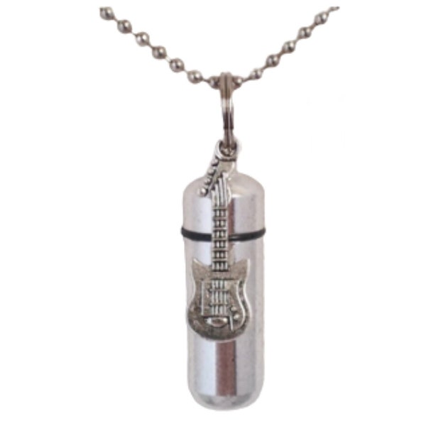 Silver Electric Guitar CREMATION URN on 24" Ball Chain Necklace - Ashes Jewelry, Memorial Urn, Keepsake Urn, Mourning, Personalized Urn