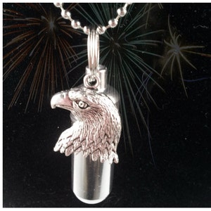 Complete Set - Silver CREMATION URN on 24&quot; Necklace w/Patriotic Bald Eagle with Laser Engraved US Flag  - Includes Pouch and Fill Kit