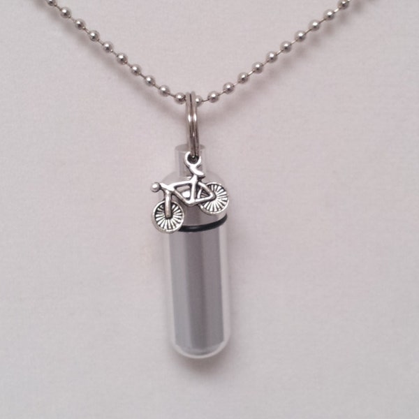 Silver Cremation Urn & holder on 24" Ball-Chain Necklace with Bicycle - Hand Assembled.... with Velvet Pouch and Fill Kit