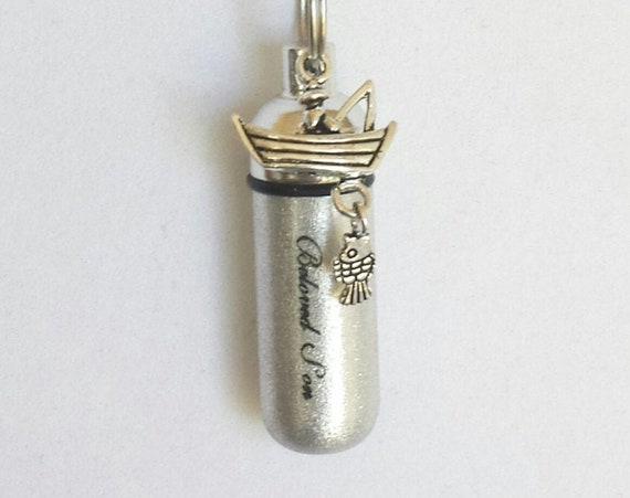Engraved "Beloved Son" with Fishing Boat  - Cremation Urn Swivel Keychain - Hand Assembled.... with Velvet Pouch and Fill Kit