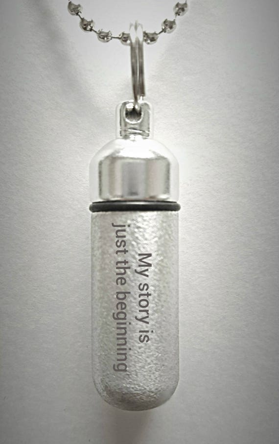 Engraved  "My story is just the beginning"  Brushed Silver CREMATION URN Necklace with Velvet Pouch and Fill Kit
