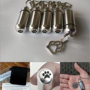 Dog/Cat/Pet Set of 5 Silver Paw CREMATION URN Necklaces with Engraved Paws on Bottom - Includes 5 Pouches, 5 Ball-Chains & Fill Kit