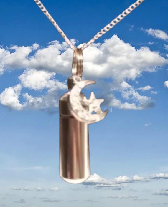Silver Cremation Urn Necklace on 24" Curb Chain with Bejeweled Moon & Star - Memorial Keepsake