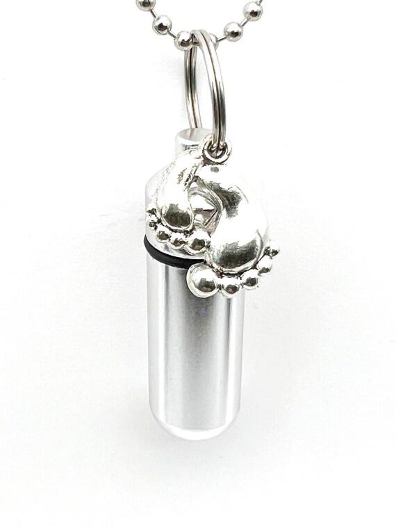 Lovely Cremation Urn Necklace with Silver Baby Feet Includes Black Velvet Pouch,  24" Ball-Chain & Fill Kit - Child Urn, Baby Urn