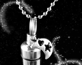 Silver CREMATION URN on 24" Necklace with Cutout Moon Pendant - Custom Engraving Available!