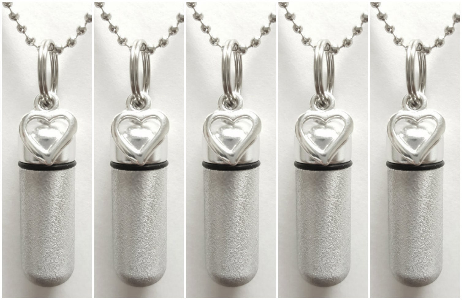 Set of Five Brushed Silver Open Heart CREMATION URN NECKLACES with