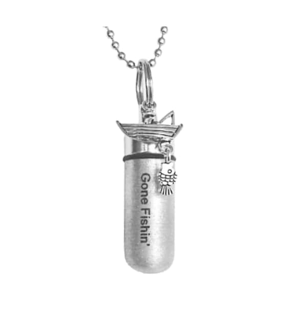 Engraved Brushed Silver "Gone Fishin" CREMATION URN Necklace with Fisherman & Fish - Includes Velvet Pouch and Fill Kit